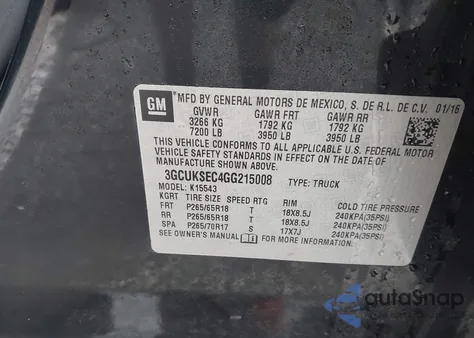 2016 Chevrolet Silverado 1500 2Lz из США, поврежденный, VIN 3GCUKSEC4GG215008